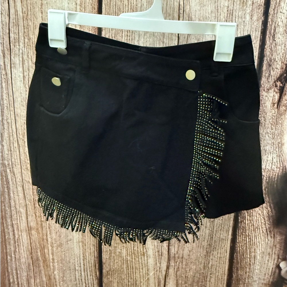 Black Fringe Mini Skirt with Gold Accents